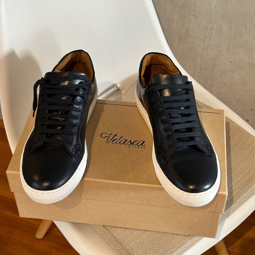 velasca handmade in italy leather sneakers in dark navy with beige interior